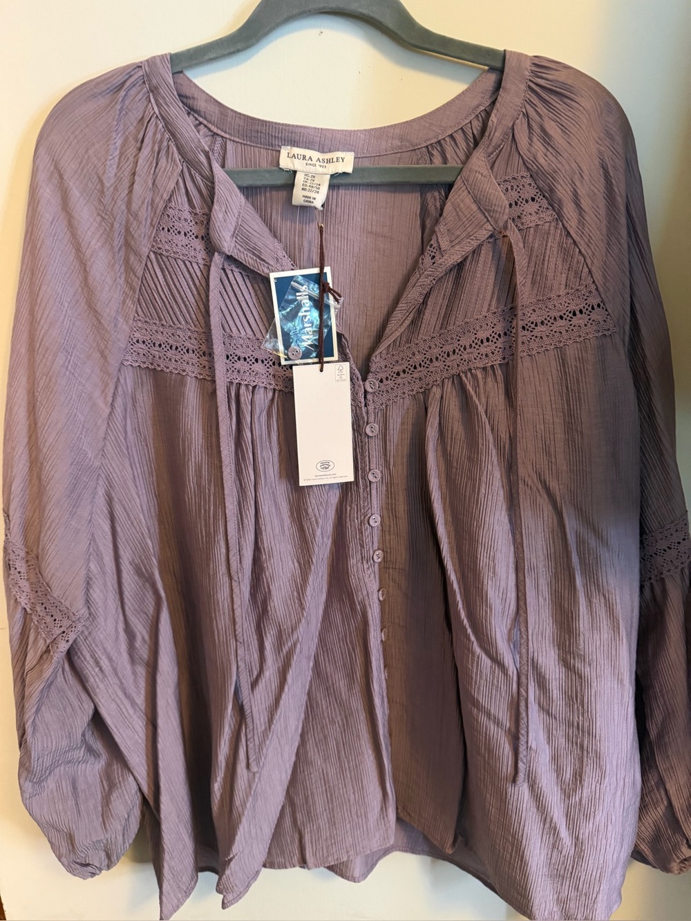 Laura Ashley Boho Peasant Blouse | NWT | Size 2X | Dusty Mauve | Lace Trim